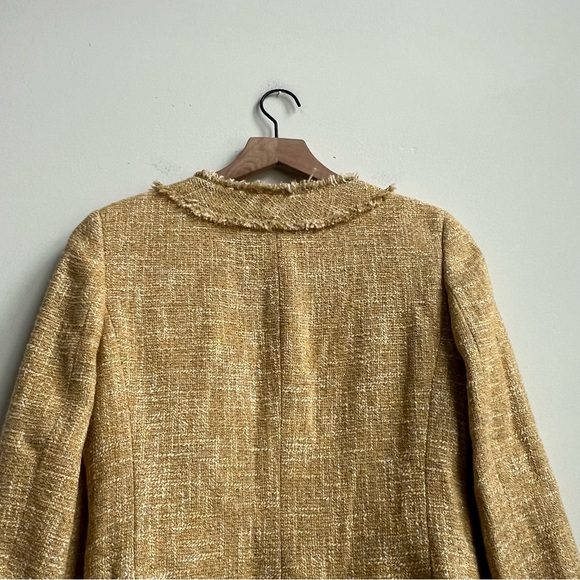 Talbots Grace Fit Collarless Gold Tweed Metallic Blazer Jacket Jackie O Fringe - Picture 14 of 15